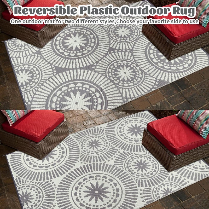 Ileading Outdoor Plastic Straw Rug 8x10ft Modern Geometric Style Reversible Patio Area Rugs Waterproof Non Shedding Portable Carpets for Rv Outside Deck Pool Beach Picnic Camping (Grey) - Image 3